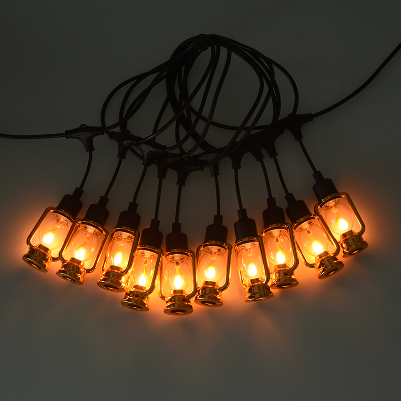 Vintage vagn lantern stil flamljusslinga (guld, 5 meter 10 lampor)